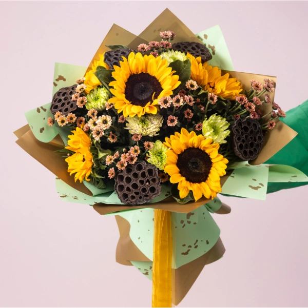 Sunflower and Santhani Shade Floral Bouquet - Capture the Essence of Summer