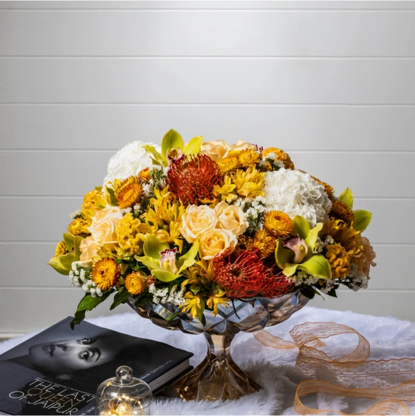 Radiant Splendor - Crystal Golden Vase Floral Arrangement